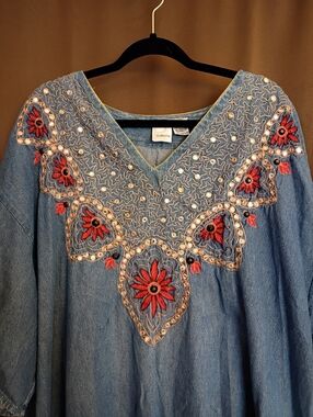 3X Great Condition Roaman's Denim Embroidered And Beaded Dress